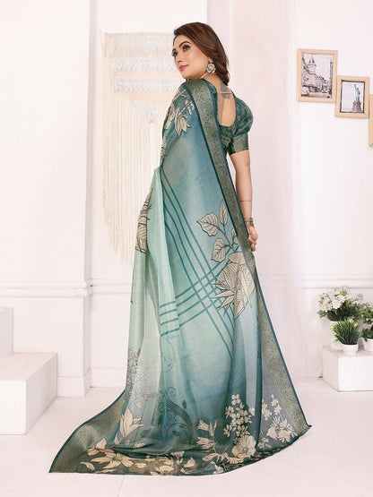 Joban Fashion Teal Floral Print pattern Banarasi Silk Sarees