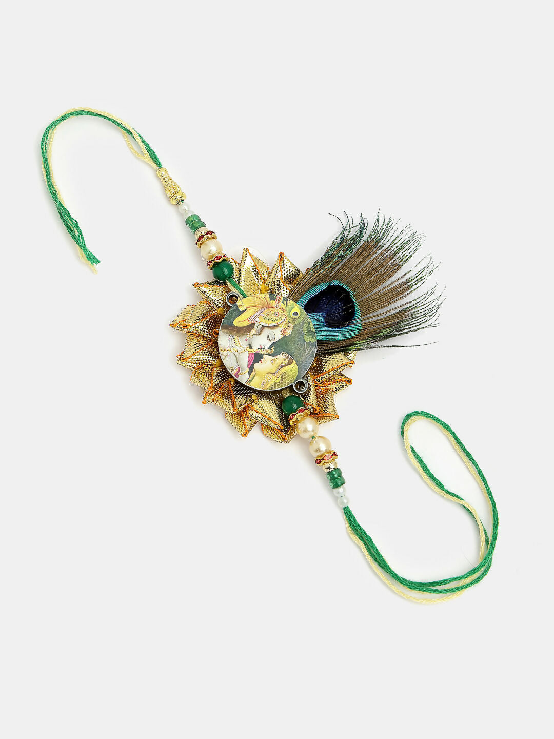 NVR Women & Men Set of 2 Green Radha Krishna Beaded Bhaiya Bhabhi Rakhi With Roli Chawal & Chocolate
