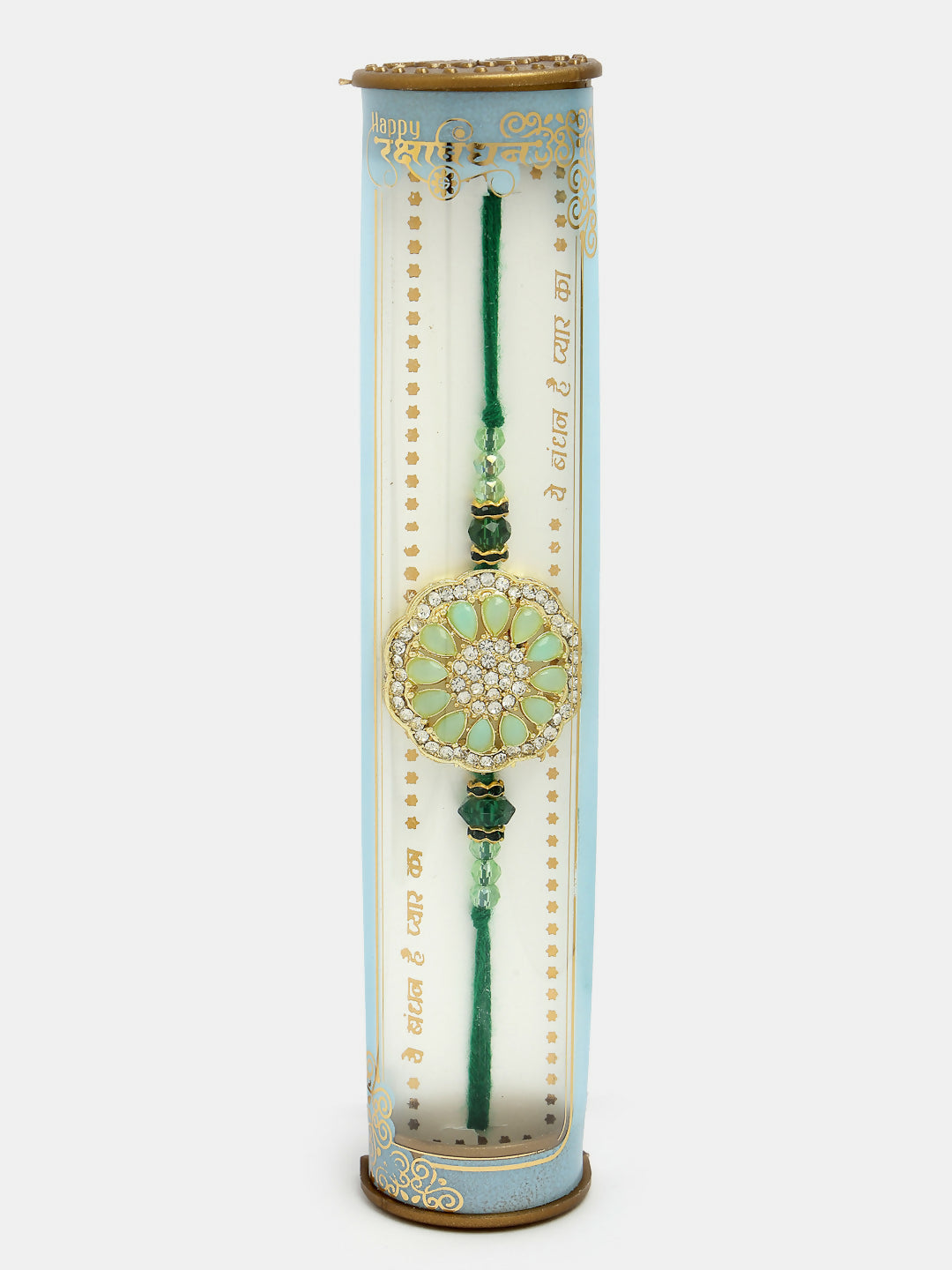 NVR Men Green Stone-Studded Rakhi With Roli Chawal & Chocolate