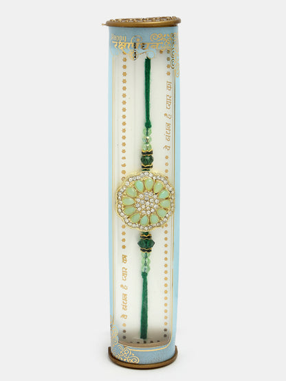 NVR Men Green Stone-Studded Rakhi With Roli Chawal & Chocolate
