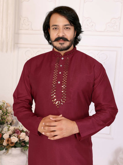 Anaita Maroon Silk Straight Kurta With Neck Mirror Work