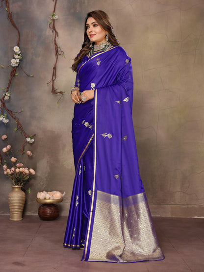 Joban Fashion Indigo Blue Floral & Botanical Motifs Satin Silk Banarasi Silk Saree