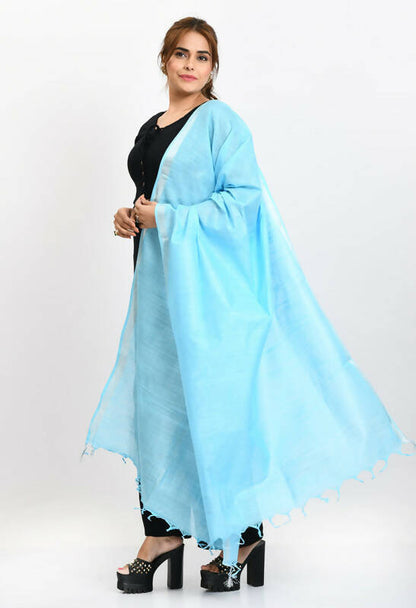 Mominos Fashion Moeza Women's Linen Cotton Silver Border Sky Blue Dupatta