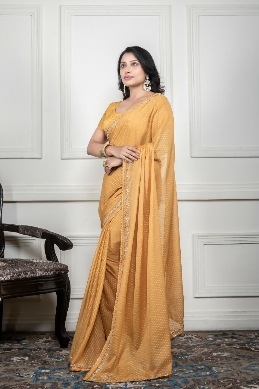 Morchari Yellow Pure Chiffon Hand Embroidery Saree And Stitched Blouse