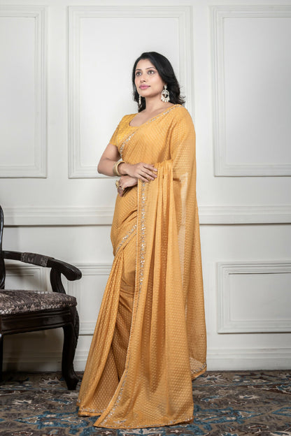 Morchari Yellow Pure Chiffon Hand Embroidery Saree And Stitched Blouse