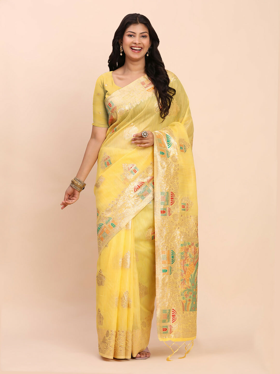 Shree Shyam Fashion Linen Cotton Yellow Saree