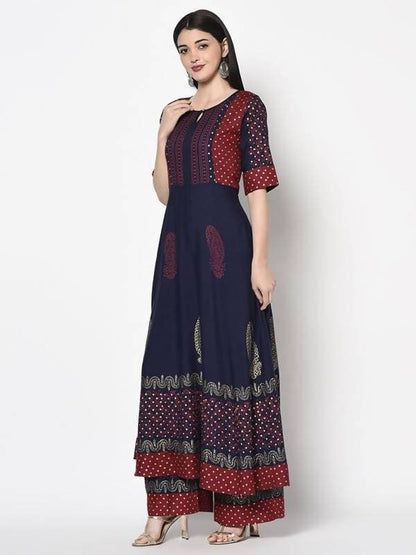 Aniyah Rayon Navy Blue Color Block Print Anarkali Palazzo Set (AN-176K)