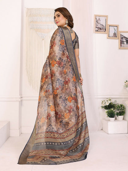 Joban Fashion Grey Floral Print pattern Banarasi Silk Sarees