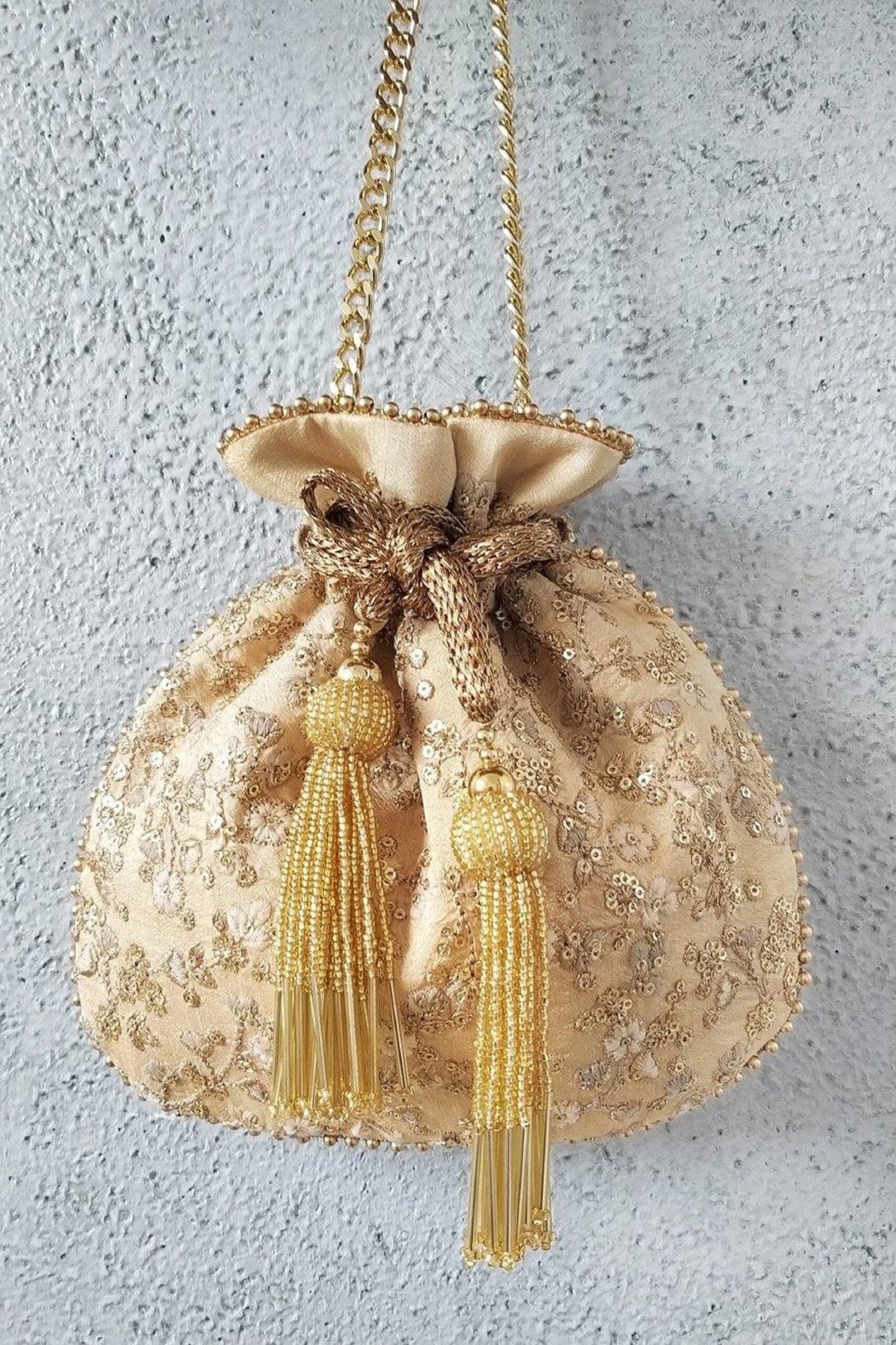 Designer potli bag, wrist bag, Embroidered poly silk