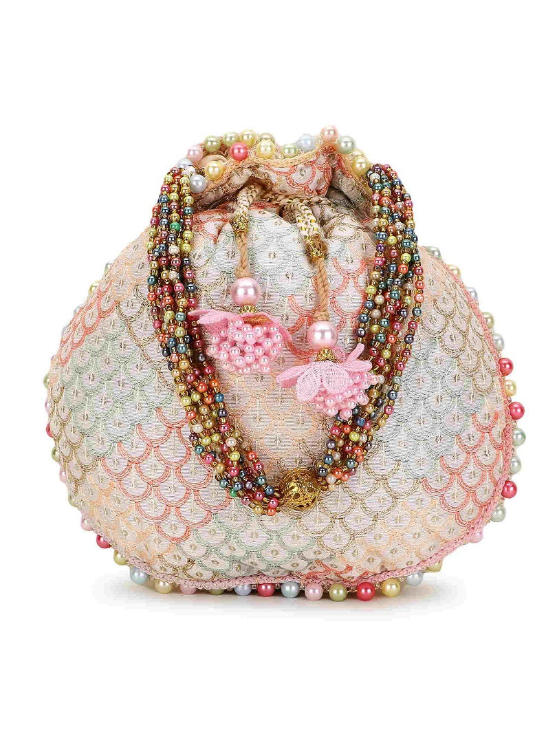 Off White and Pastel Multi Sequin Embroidered Faux Silk Potli Bag