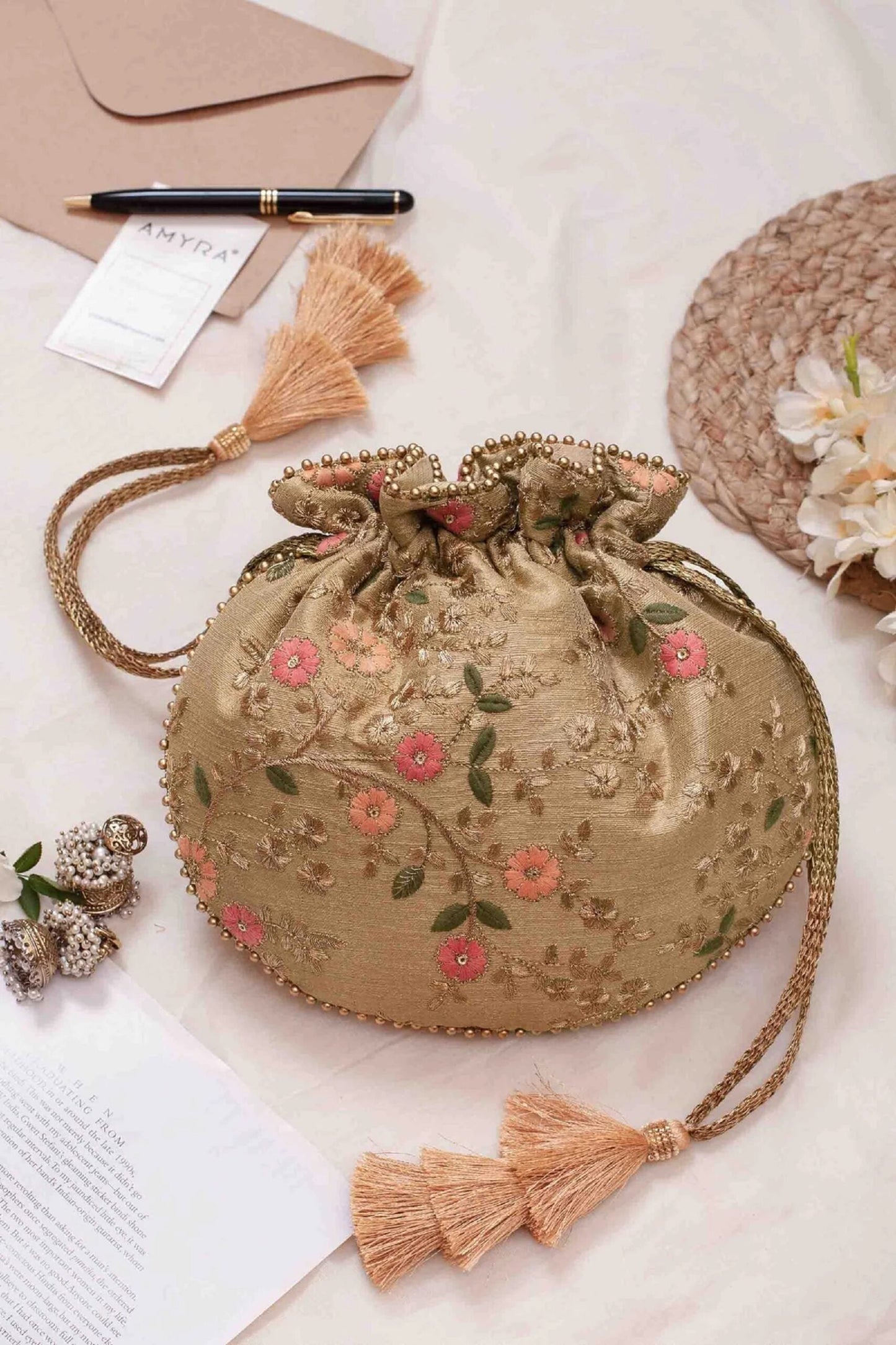 Embroidered poly silk drawstring pouch bag, wedding potli,Valentines gift
