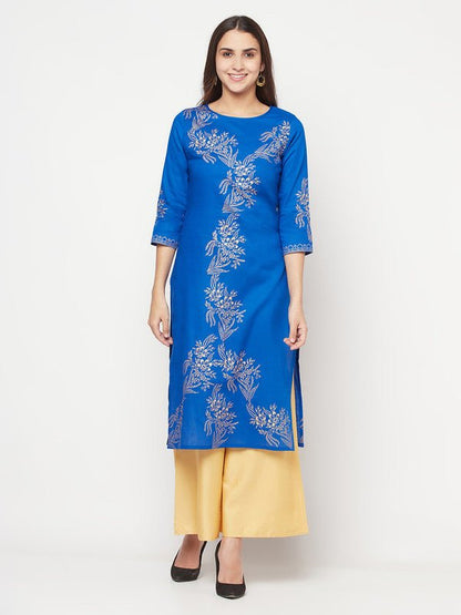 Aniyah Cotton Foil Print Royal Blue Straight Kurta