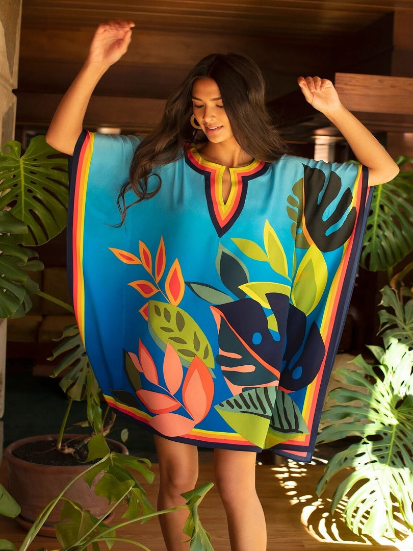 Beautiful Floral Geometric Pattern Holiday Wear Silk Crepe Short Kaftan Dress J5681