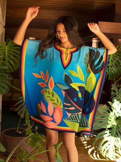 Beautiful Floral Geometric Pattern Holiday Wear Silk Crepe Short Kaftan Dress J5681