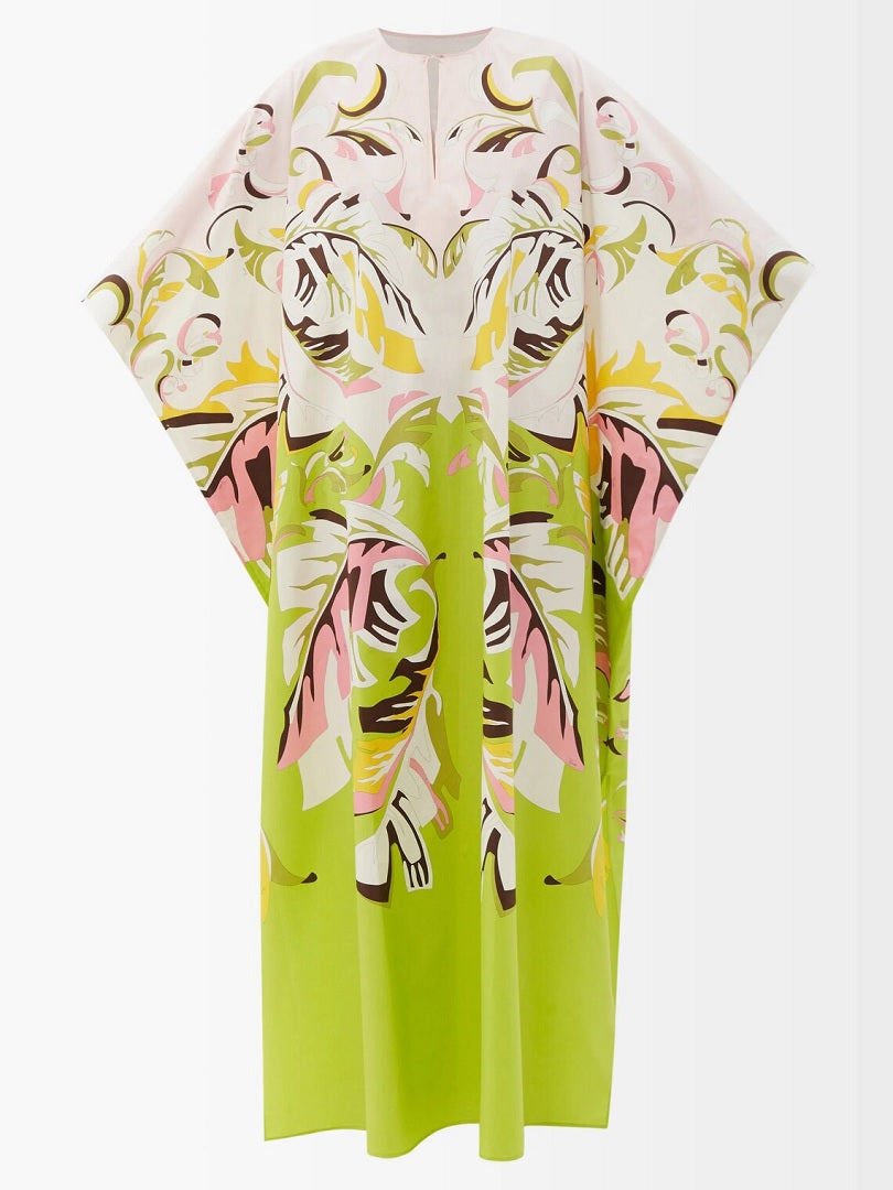 Trending Free Size Crepe Silk Beach Kaftan Green Off-White J5692