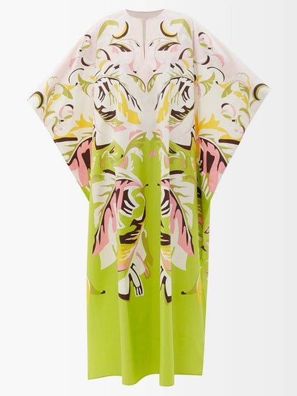 Trending Free Size Crepe Silk Beach Kaftan Green Off-White J5692