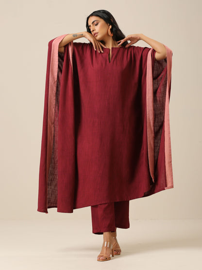 trueBrowns Ruby Wine Slub Texture High Low Kaftan Pant Set | Relove