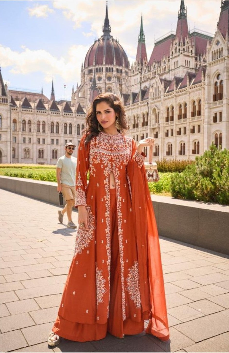Anaita Orange Silk Stitched Suit With Embroidery Work