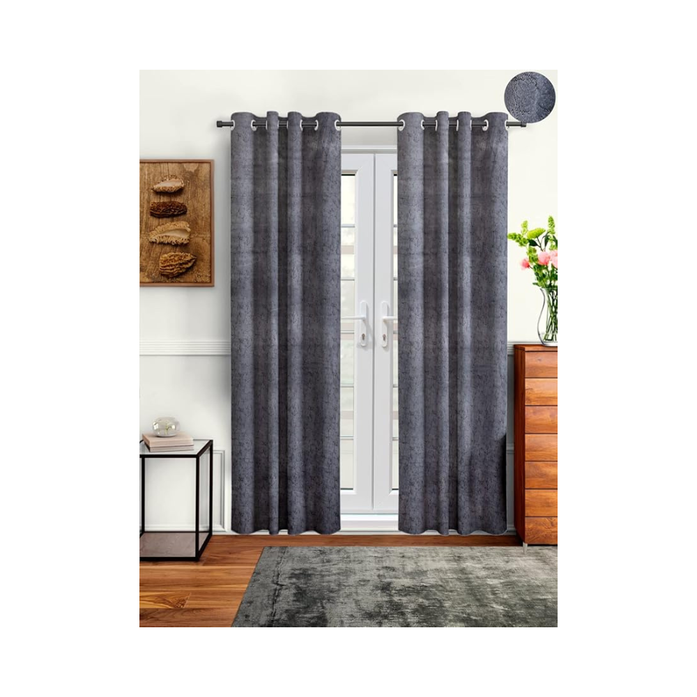 Cortina 2 Piece Solid Design Panel Eyelet Velvet Door Curtains | 7 Feet | Light Grey