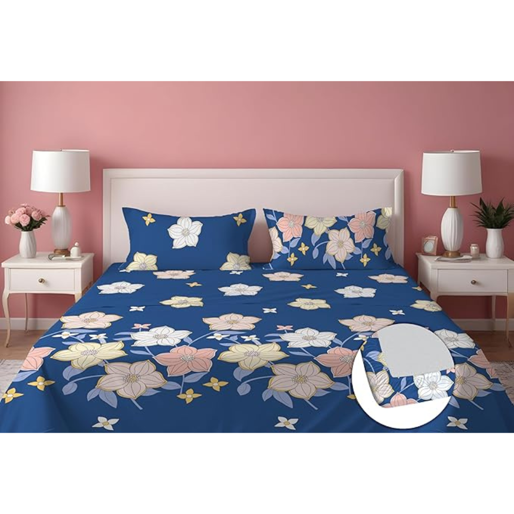 Dreamlet Presents Luxurious Supersoft Cotton Feel 210tc King Size Elastic Fitted Double Bedsheets With 2 Pillow Covers Color | Blue