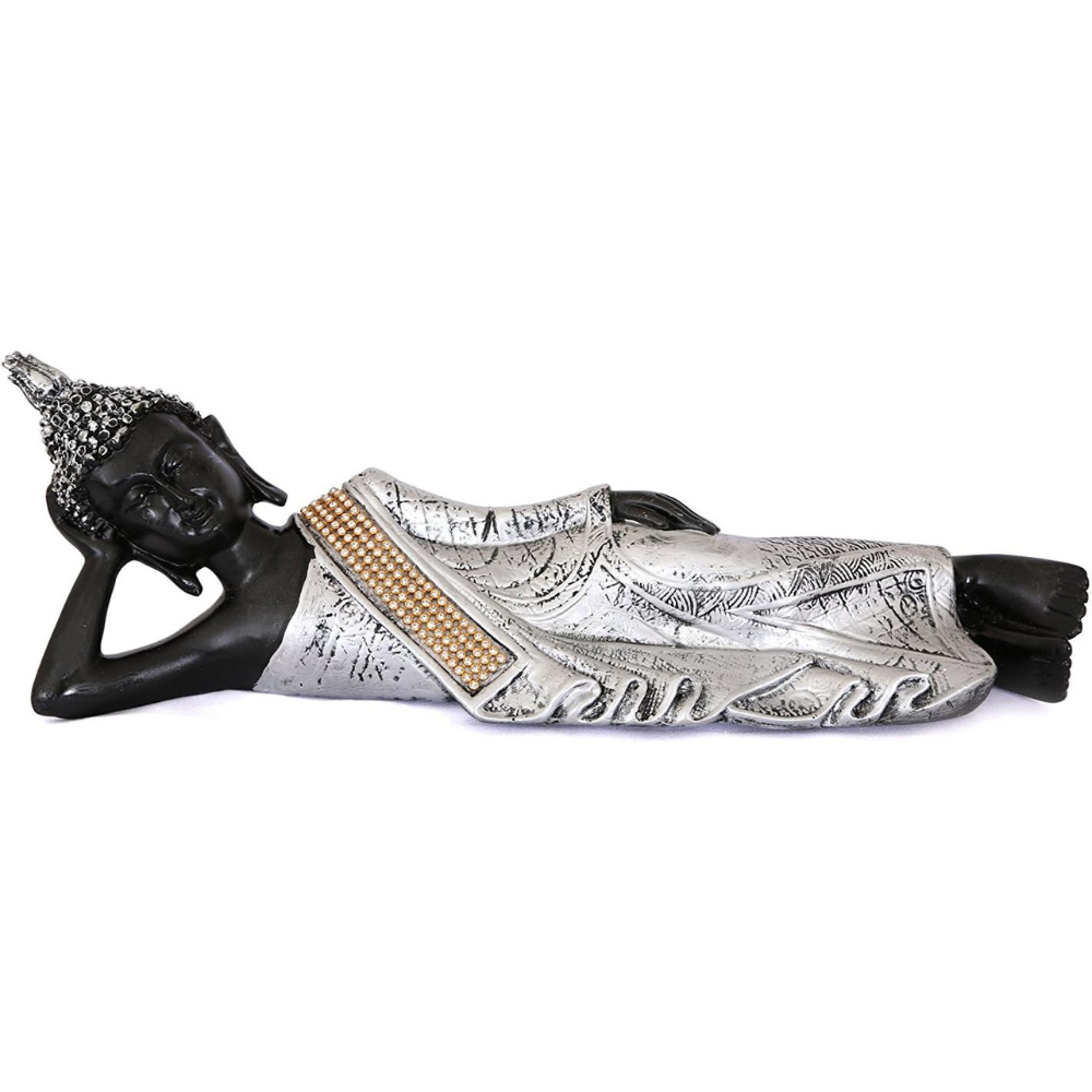 Ecraftindia Polyresin Handcrafted Decorative Reclining Lord Buddha Idol | Silver and Black