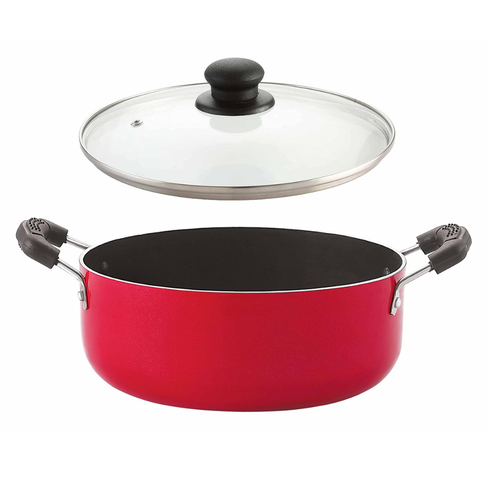 Nirlon Aluminium 3 Layer Nonstick Biryani Pot | Casserole 22 Cm | With Glass Lid | Red | 2.6 Liter