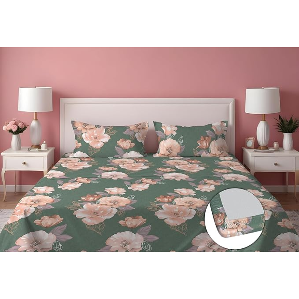 Dreamlet Presents Luxurious Supersoft Cotton Feel 210tc King Size Elastic Fitted Double Bedsheets With 2 Pillow Covers | Green