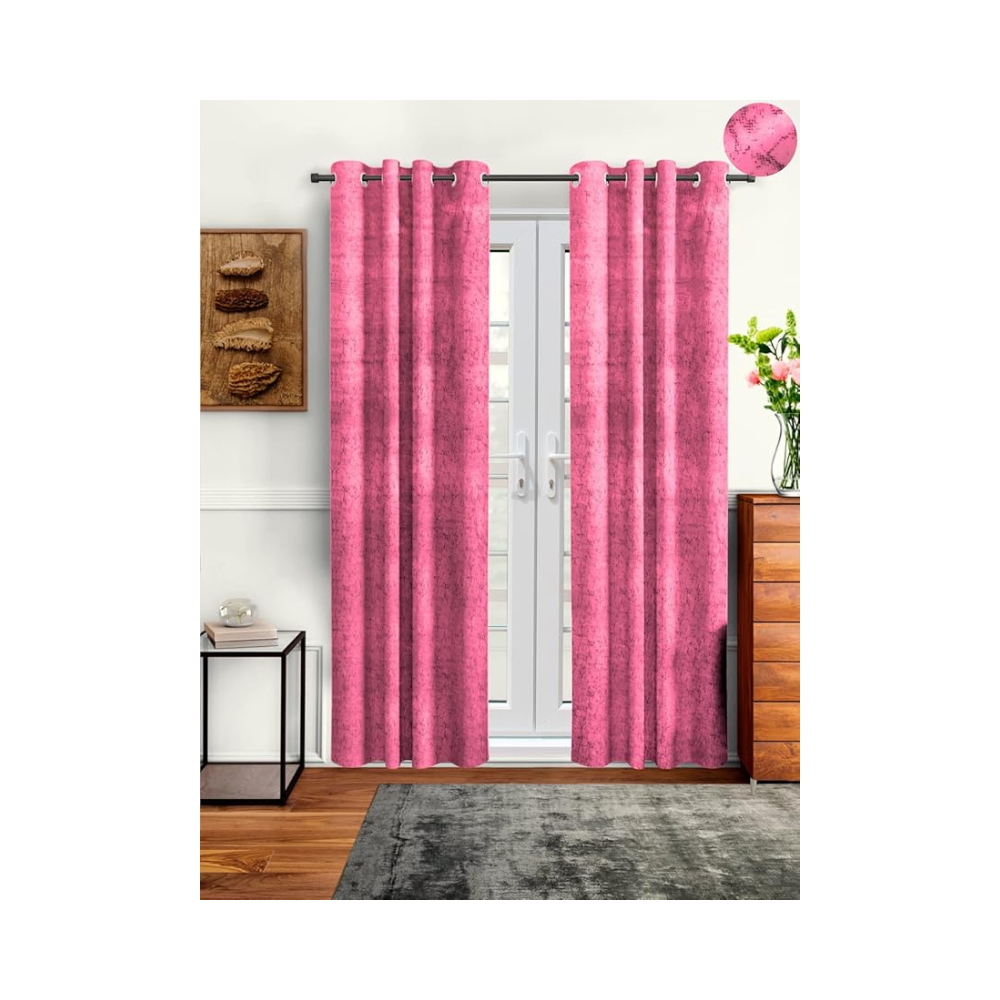 Cortina 2 Piece Solid Design Panel Eyelet Velvet Door Curtains | 7 Feet | Pink