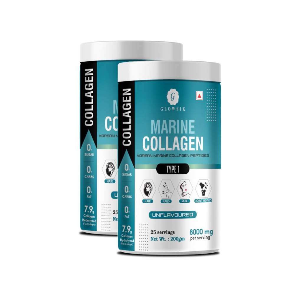 Glowsik Korean Marine Collagen Powder | Marine Collagen Supplements for Women and Men - 200 Gms | Pack of 2 | Unflavoured