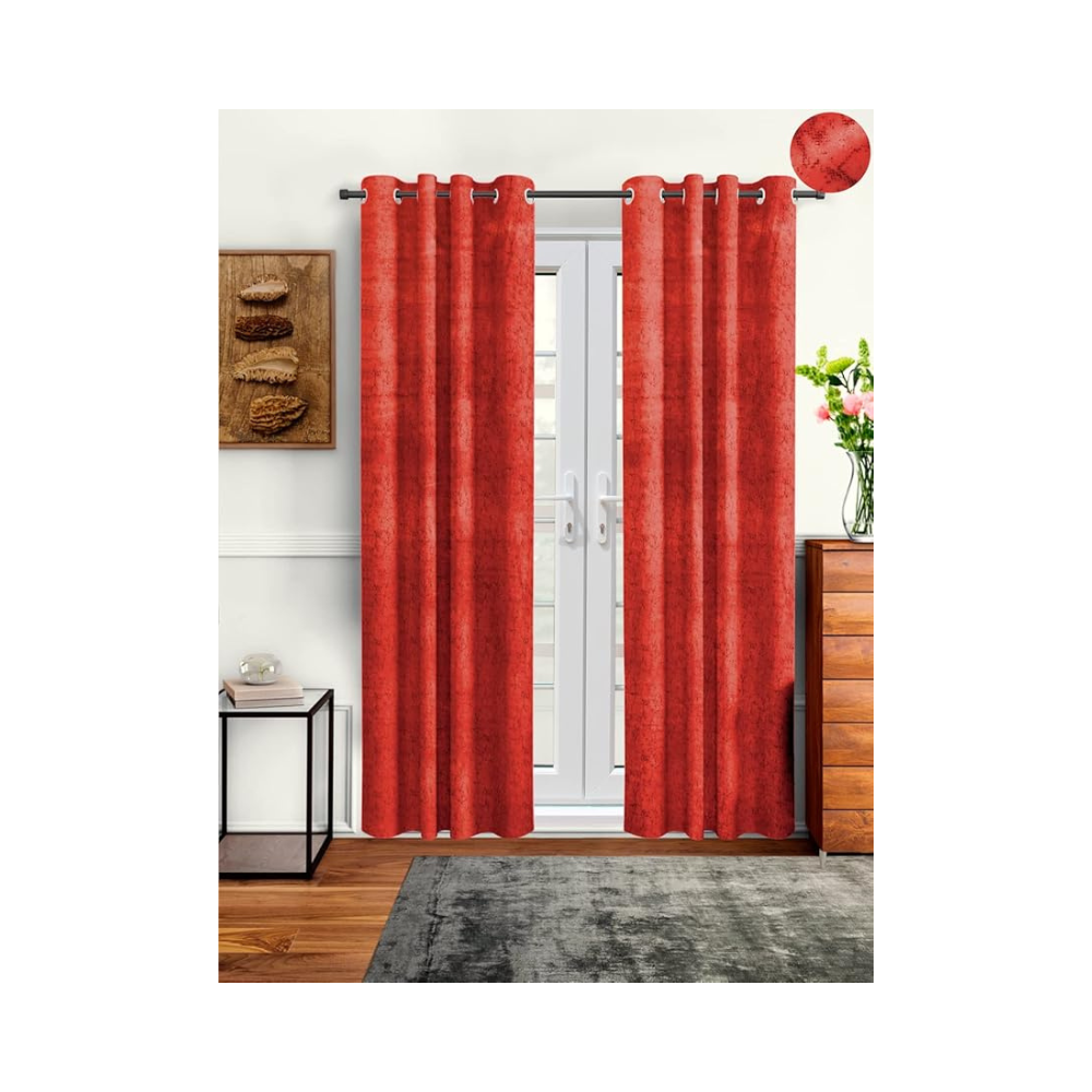 Cortina 2 Piece Solid Design Panel Eyelet Velvet Door Curtains | 7 Feet | Red