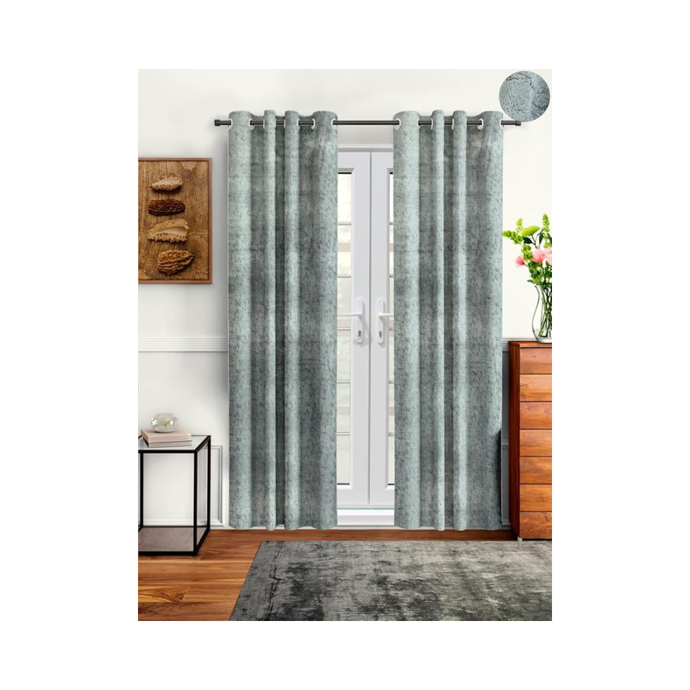 Cortina 2 Piece Solid Design Panel Eyelet Velvet Door Curtains | 7 Feet | Silver