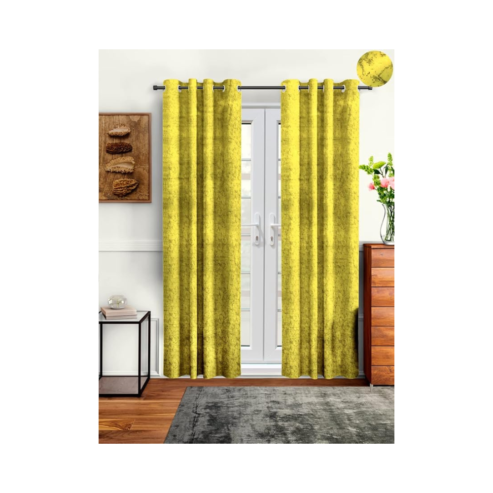 Cortina 2 Piece Solid Design Panel Eyelet Velvet Door Curtains | 7 Feet | Yellow