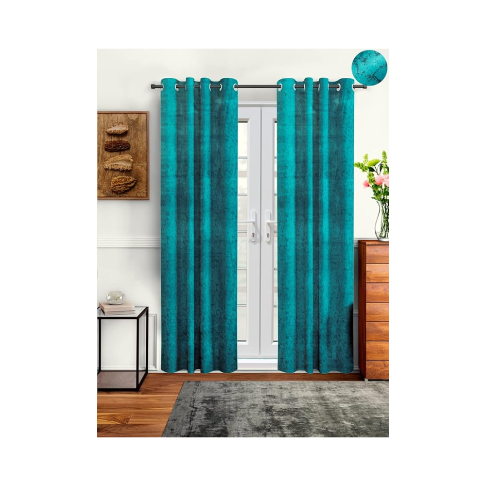 Cortina 2 Piece Solid Design Panel Eyelet Velvet Door Curtains | 7 Feet | Aqua