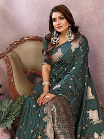 Anaita Dark Green Premium Banarasi Tissue Silk Saree With Gala Weaving Work