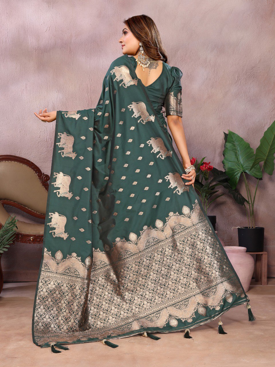 Anaita Dark Green Premium Banarasi Tissue Silk Saree With Gala Weaving Work