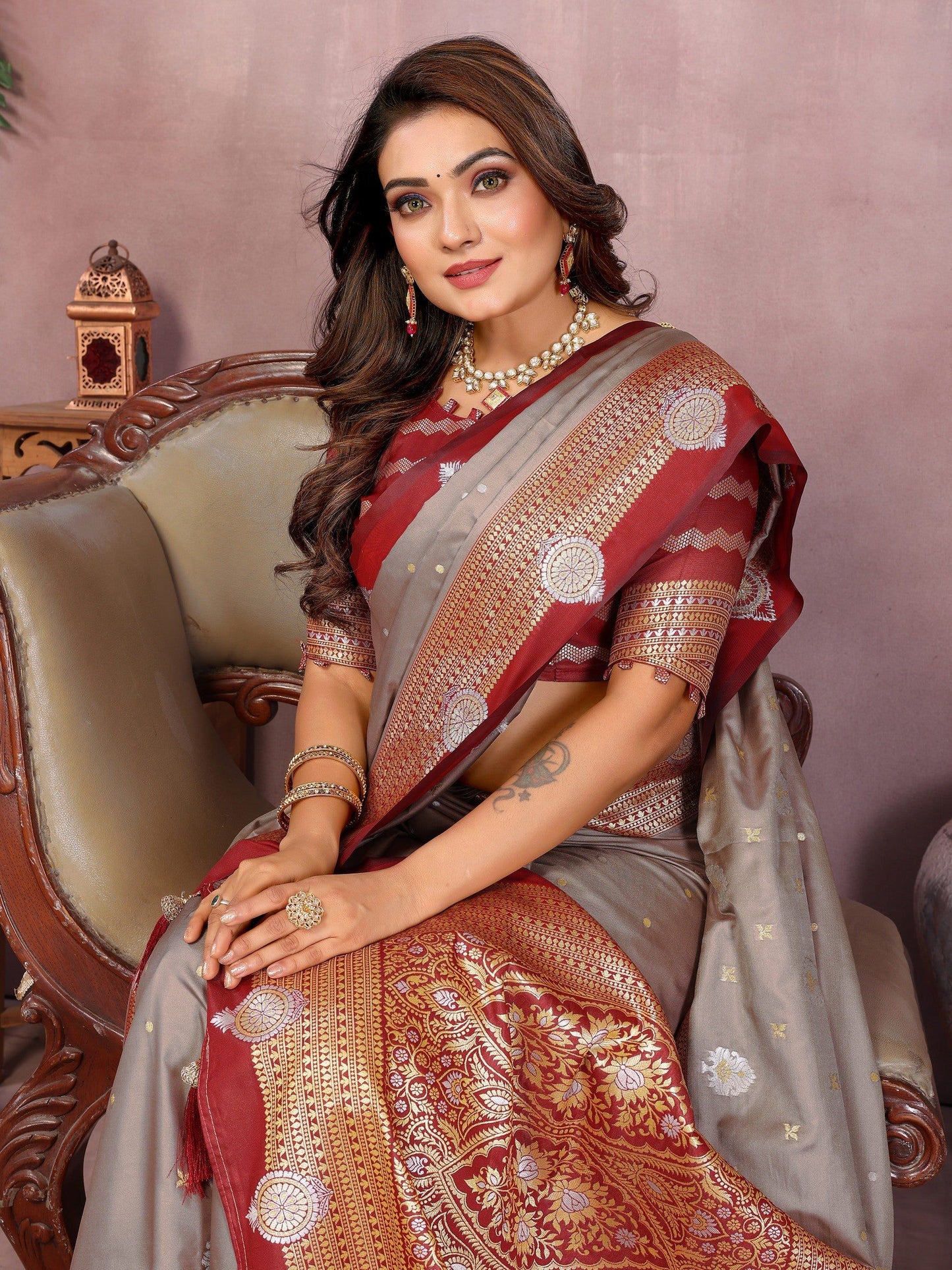 Anaita Grey Handloom Kalamkari Silk Saree With Zari Woven Work