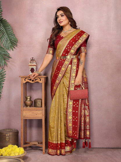 Anaita Gold Handloom Kalamkari Silk Saree With Zari Woven Work