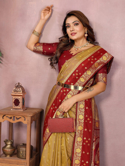 Anaita Gold Handloom Kalamkari Silk Saree With Zari Woven Work
