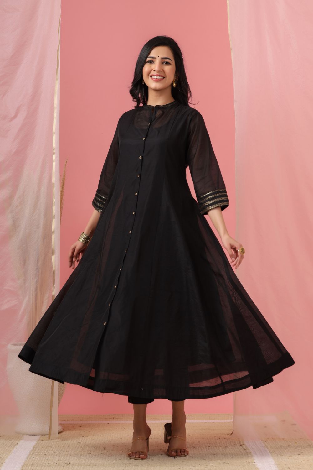 Juniper Womens Black Chanderi Solid Kalidar Kurta