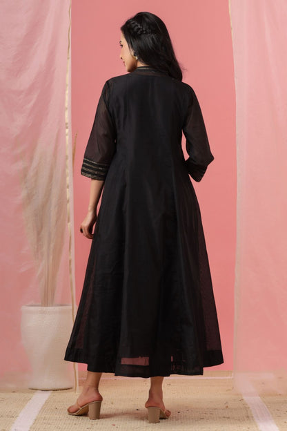 Juniper Womens Black Chanderi Solid Kalidar Kurta