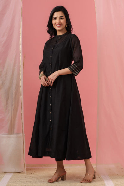 Juniper Womens Black Chanderi Solid Kalidar Kurta