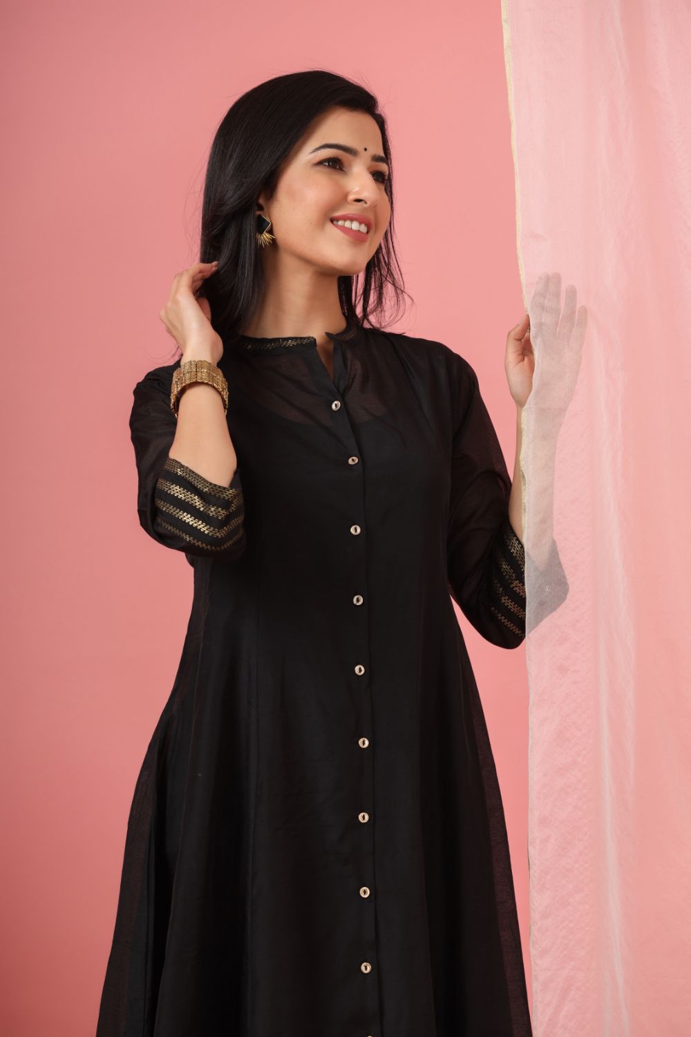Juniper Womens Black Chanderi Solid Kalidar Kurta