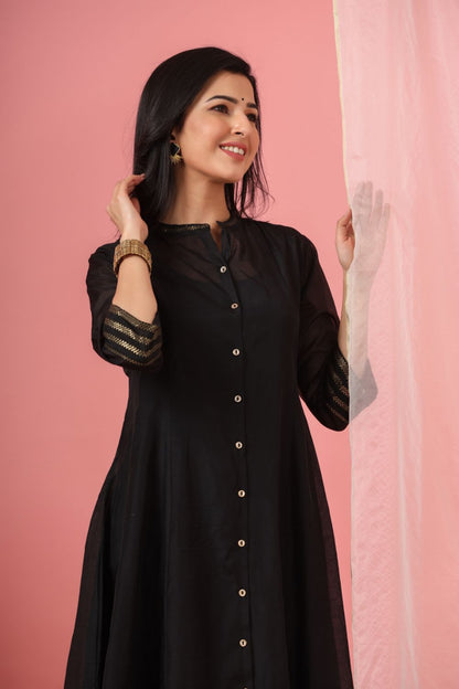 Juniper Womens Black Chanderi Solid Kalidar Kurta