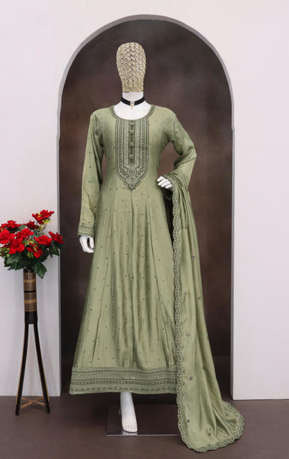 Anaita Light Olive Embroidered Vichitra Silk Stitched Anarkali Suit