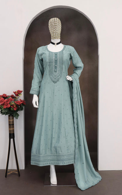 Anaita Teal Green Embroidered Vichitra Silk Stitched Anarkali Suit
