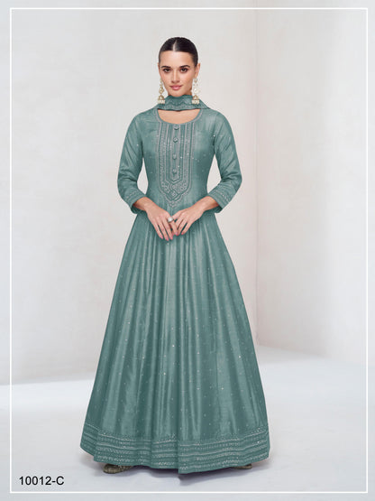 Anaita Teal Green Embroidered Vichitra Silk Stitched Anarkali Suit