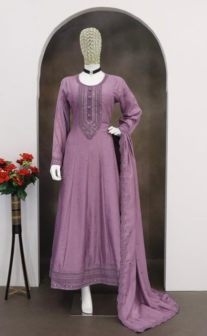 Anaita Lavender Embroidered Vichitra Silk Stitched Anarkali Suit