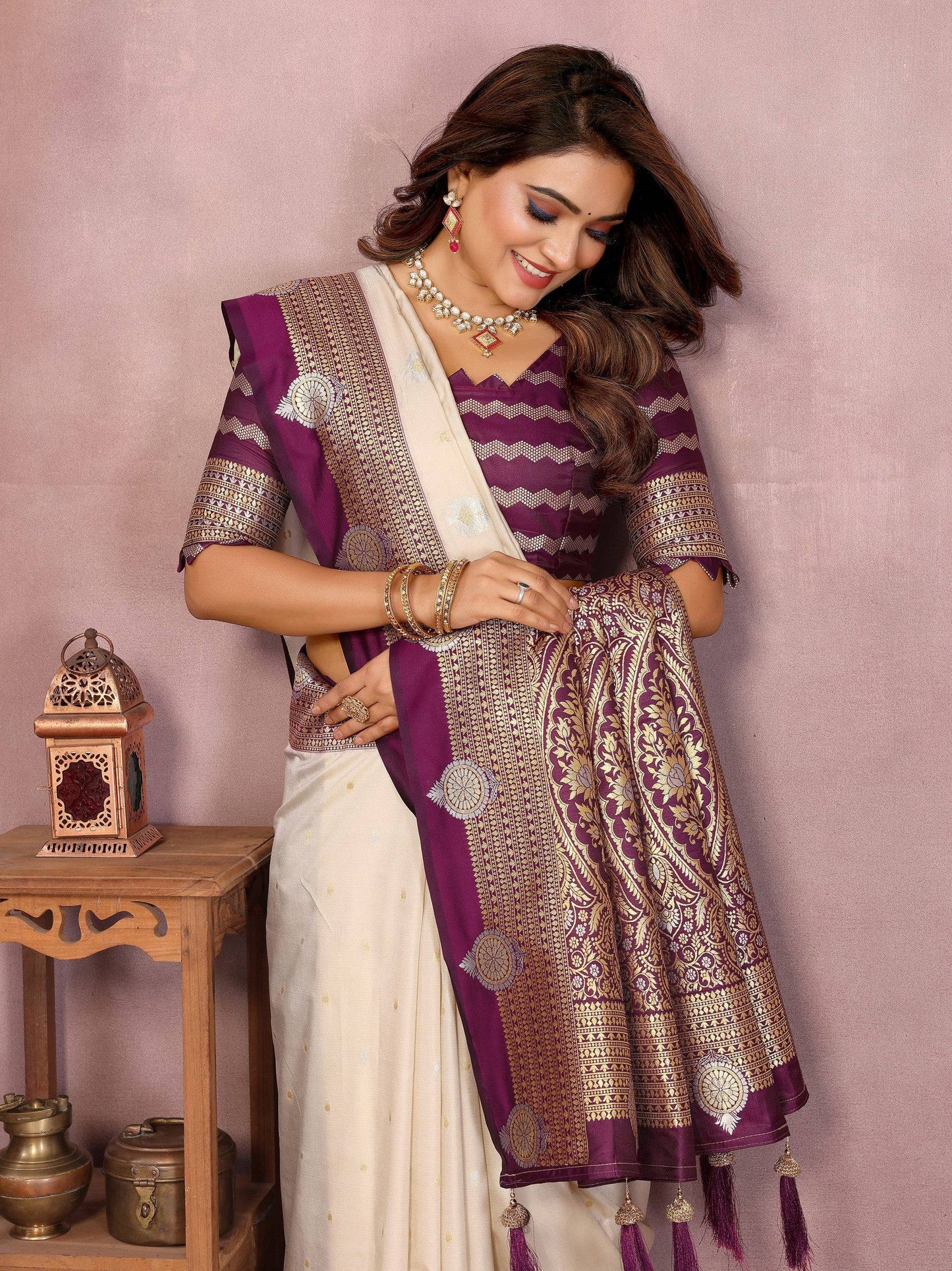 Anaita Beige Handloom Kalamkari Silk Saree With Zari Woven Work