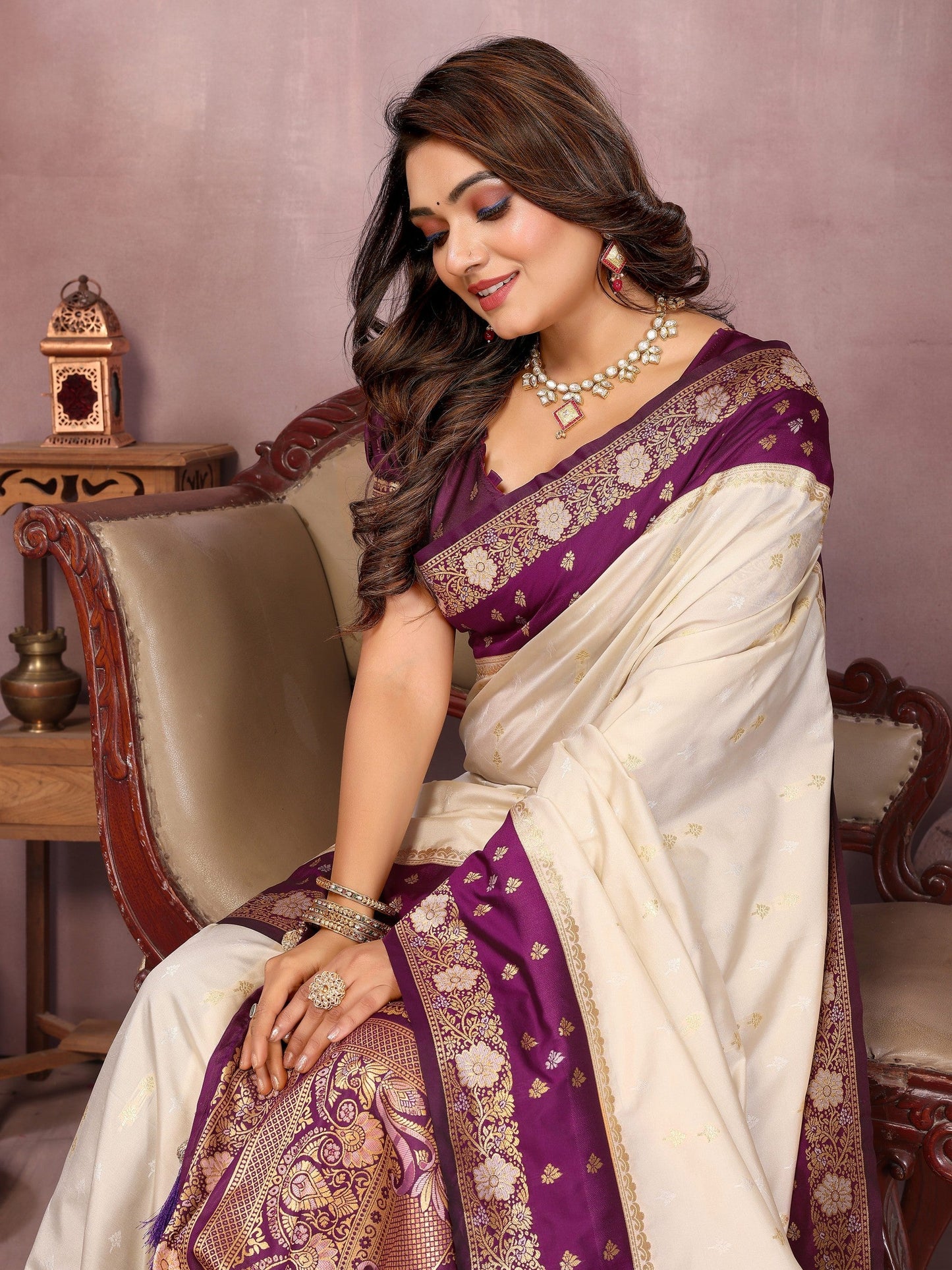 Anaita Beige Handloom Kalamkari Silk Saree With Zari Woven Work