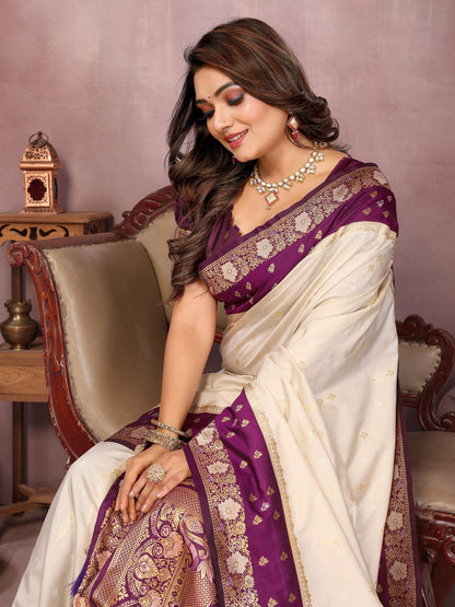 Anaita Beige Handloom Kalamkari Silk Saree With Zari Woven Work